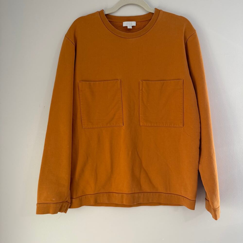 COS 100% Cotton Orange Double Front Chest Pocket Crewneck Sweatshirt Size Medium